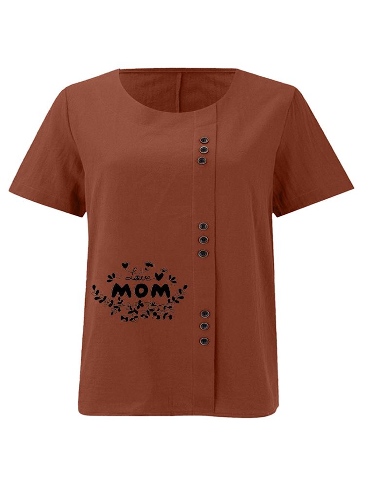 Women's Fashion Black Letter Floral Pattern Print Round Neck Short Sleeve T-shirt Summer Casual Cotton Linen Graphic Shirt Leisure Loose Blouse Tops