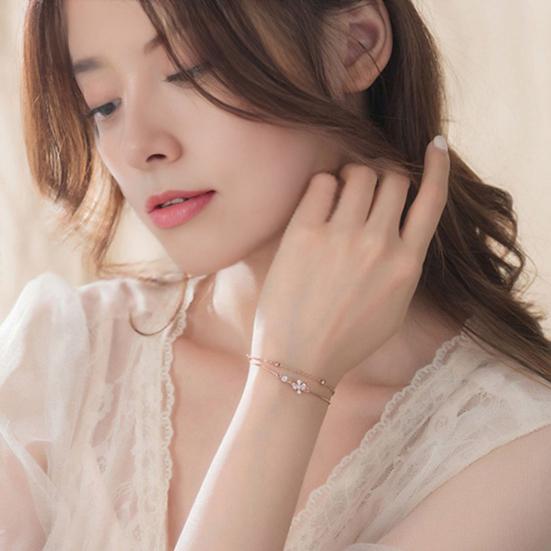 Women Bracelet Double-Layer Cherry Blossom Pendant Bracelet with Rhinestones Inlaid Hollow Design Adjustable Length Bracelet