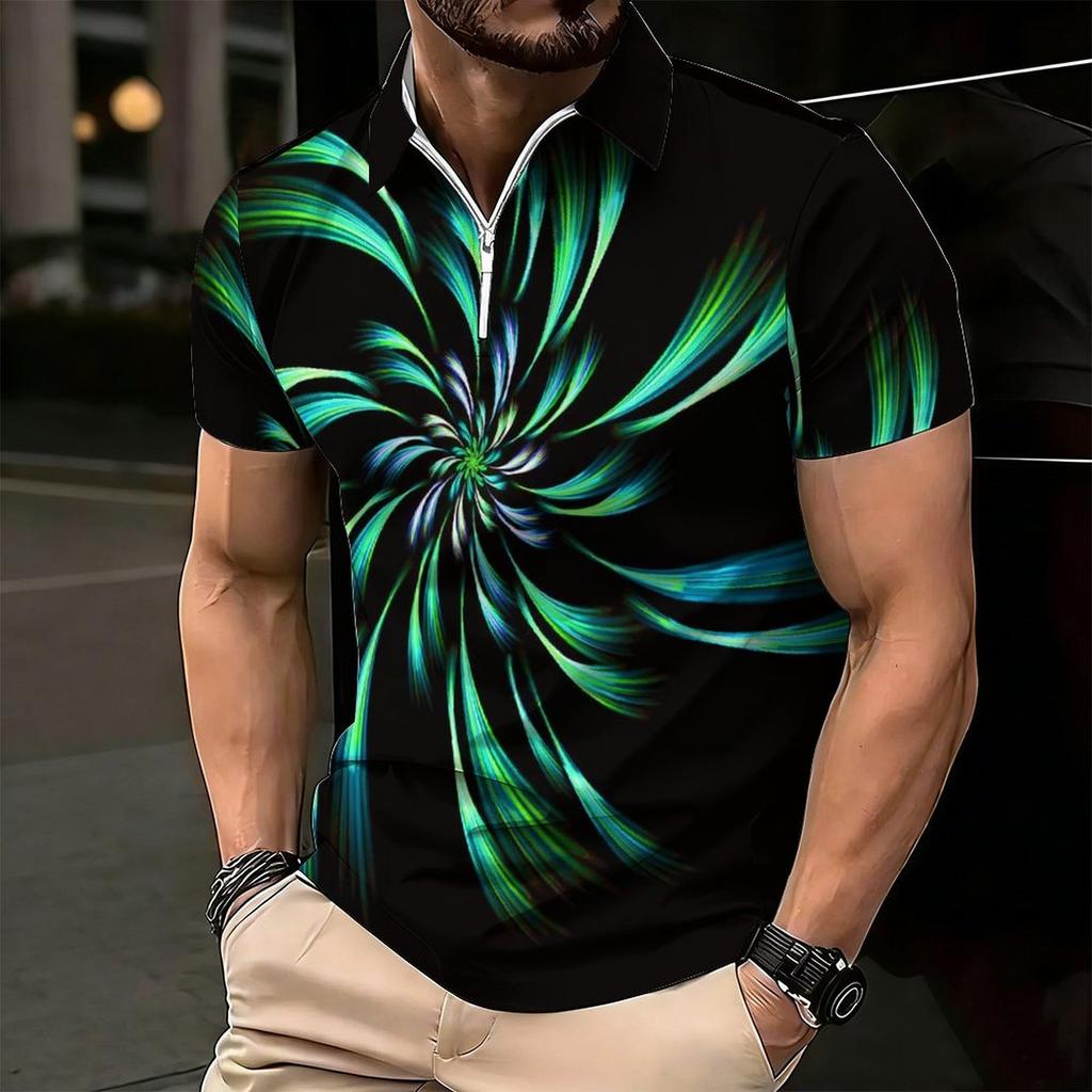 Women Short Sleeve Polo Shirt Blue Gray White Curved Wave Line Abstract Half Zip Lapel Top