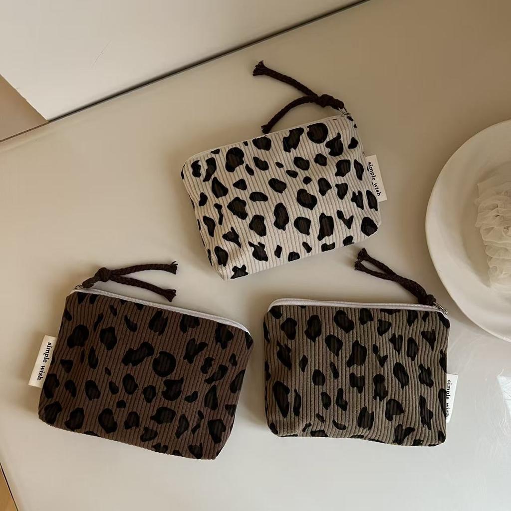 Vintage Leopard Print Mini Corduroy Bag Unisex Portable Travel Storage Pouch for Coin Key Earphone Lipstick Sanitary Pad