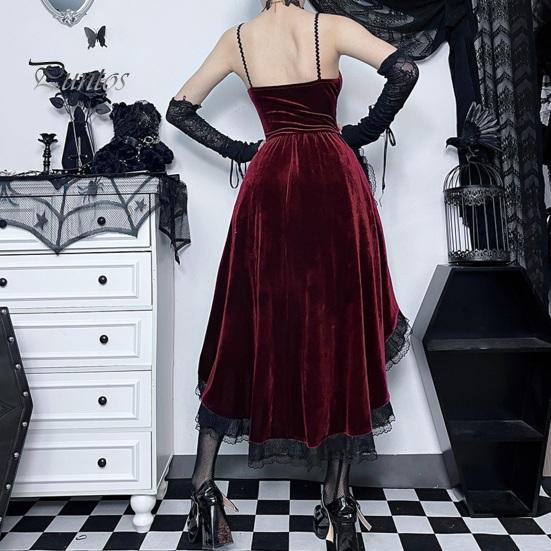 Women Cosplay Dress Dark Style Halloween Party Costume Lace Patchwork Irregular Hem Sleeveless Tight Waist Ruffles Adjustable Waistline Straps