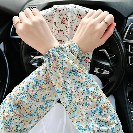 Ice Silk Arm Sleeves for Women, UV Sun Protection Cooling Sleeves with Floral Print, Loose Fit Elastic Cuffs Arm Covers for Cycling Driving Working