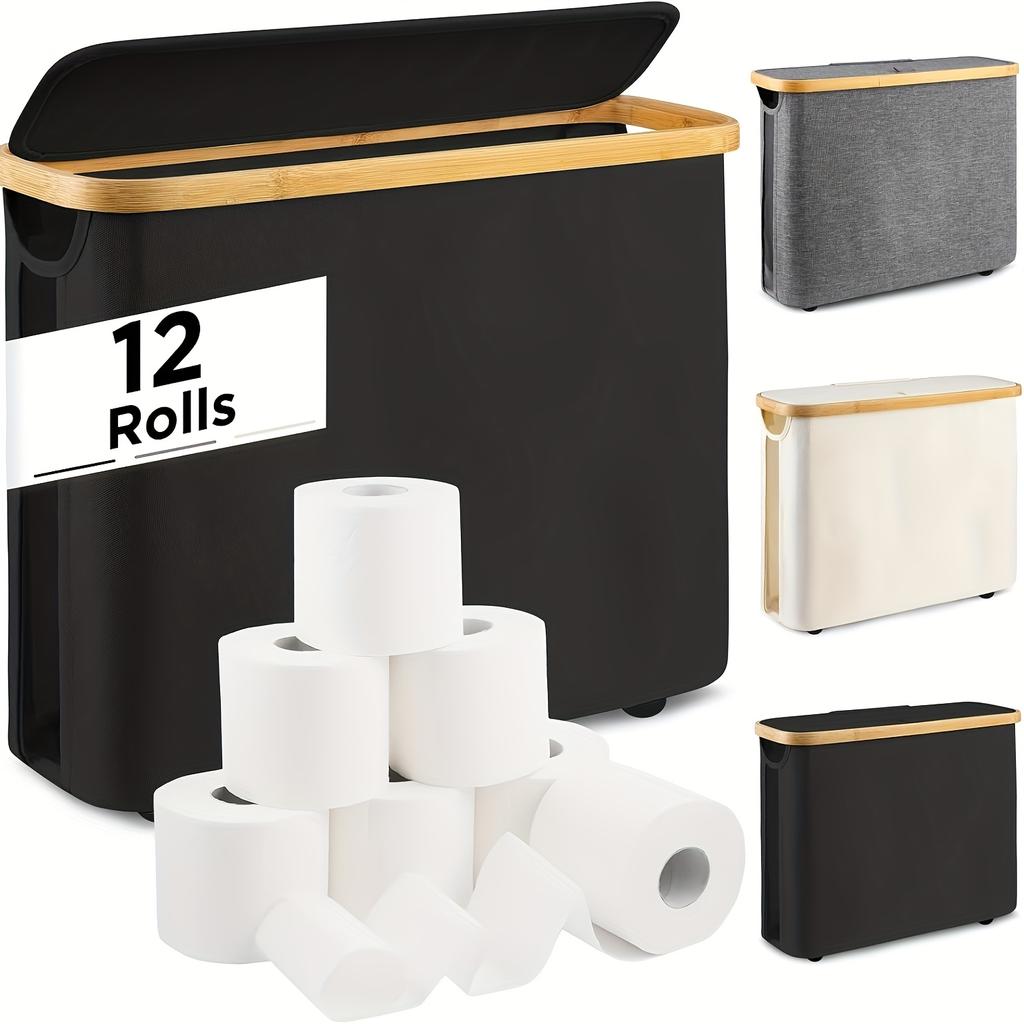 A Bamboo Toilet Paper Holder in A Bohemian Style Featuring A Storage Basket,Versatile Collapsible Basket Can Be Used for Laundry