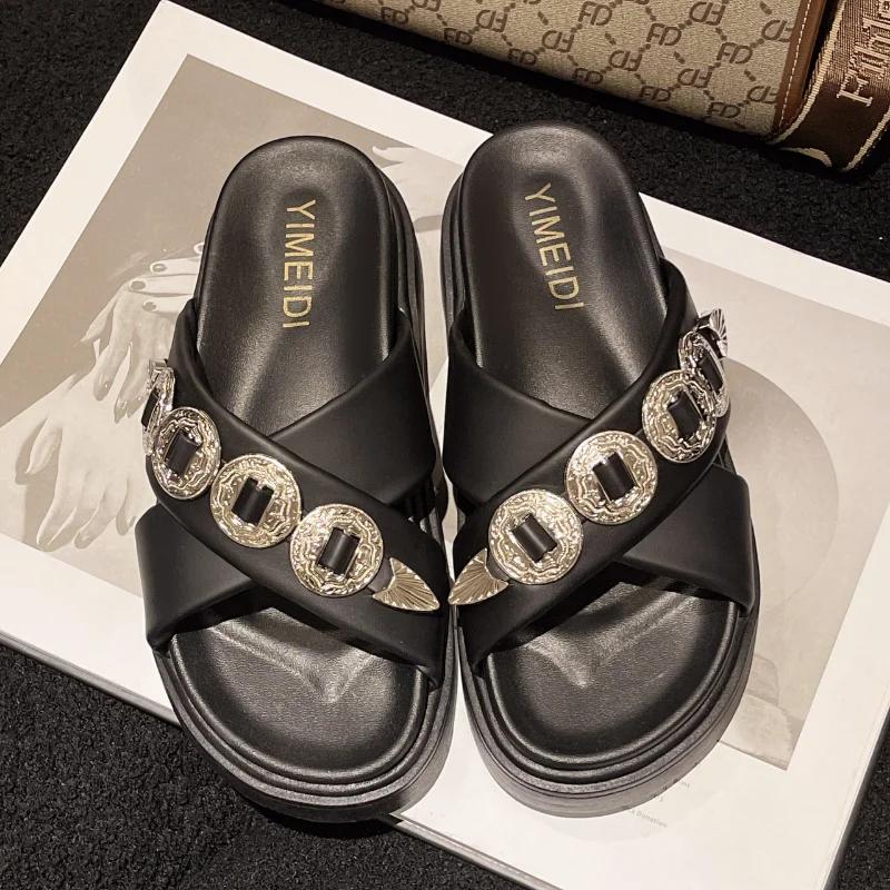 Women Solid Color Slippers Chain Platform Sandals  New Summer Ladies Flats Casual Home Slides Women Modern Slippers Shoes