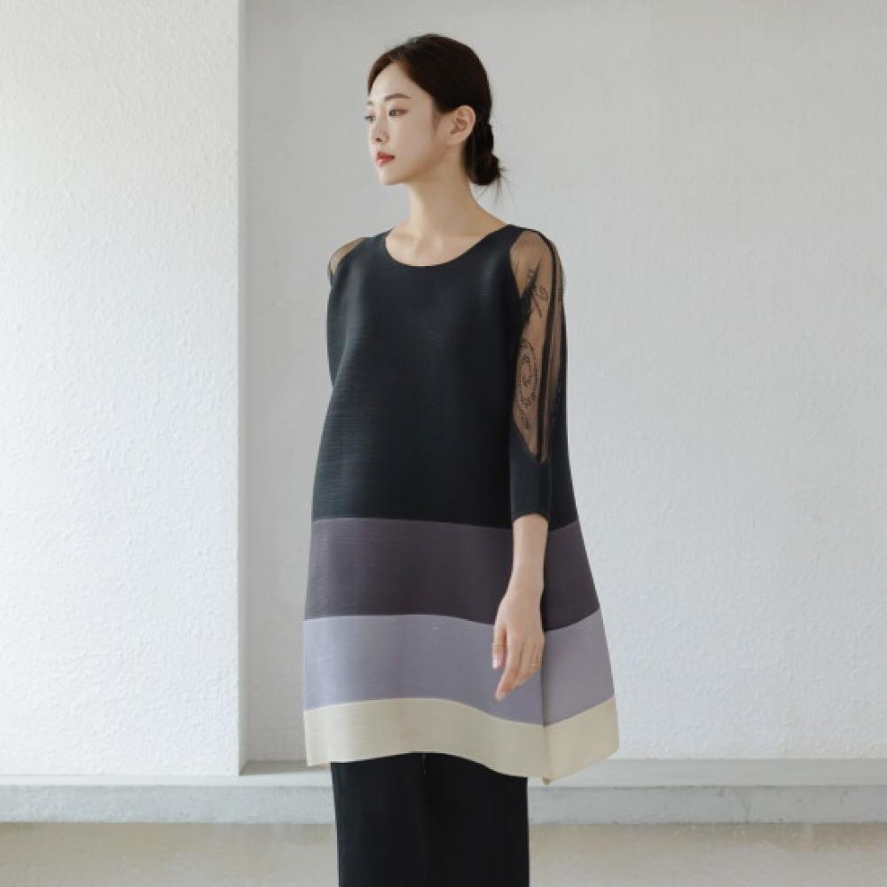 Plara Sheer Shoulder Color Layer Pleated Dress