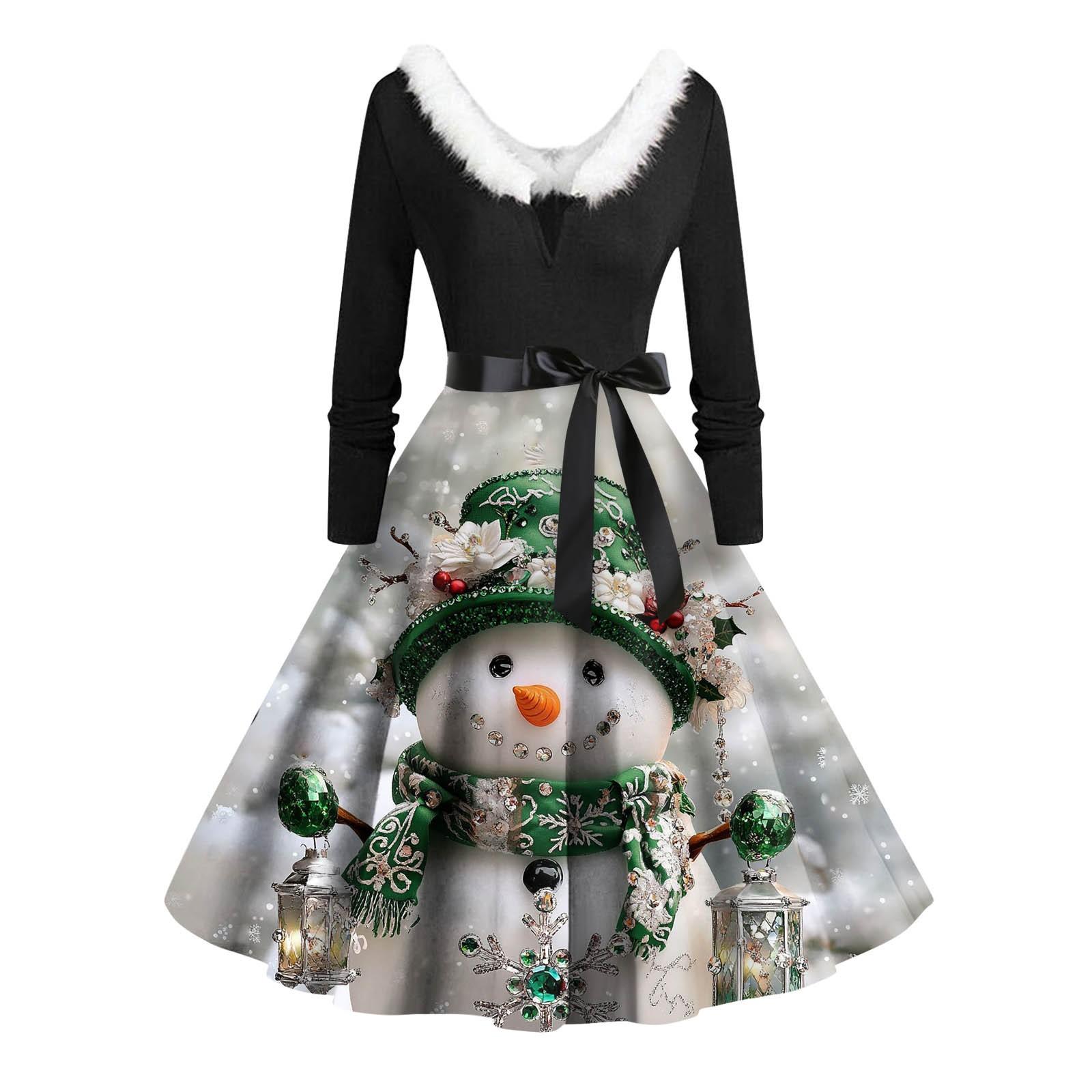 

Жіночі повсякденні модні вінтажні довгі сукні з різдвяними графічними принтами з довгими рукавами XXXXL срібний