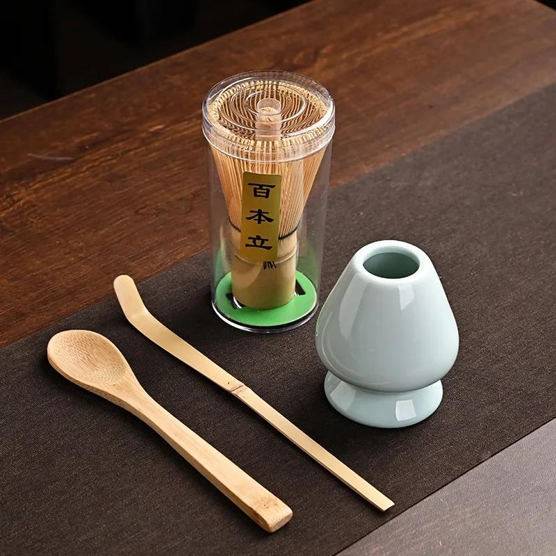 4 IN 1 Bamboo Matcha Powder Whisk Teaspoon Ceramic Bowl Tranditional Tea Matcha Whisk (Chasen)Sets Home Tea-making Accessories