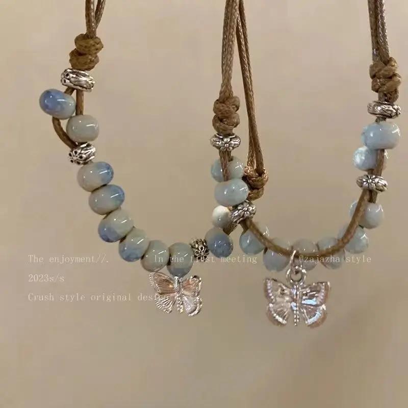 New Chinese Style Butterfly Ceramic Beaded Braided Bracelet for Women Retro Chinese Style Bracelet Ethnic Style Hand Jewelry