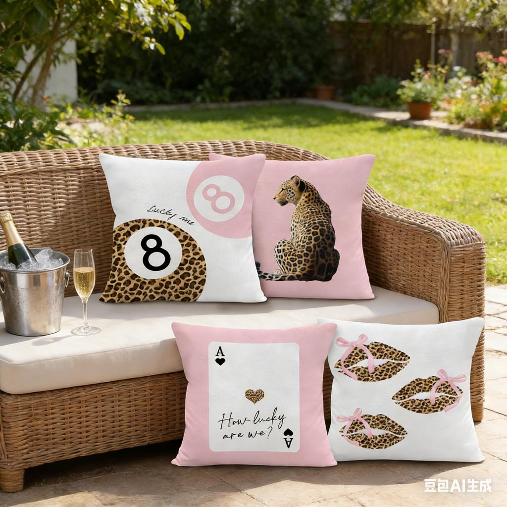 Lucky Leopard Pillow Cover Pink Trendy 8 Ball Playing Card & Lip Print Square Cushion Case Soft Decorative Pillowcase