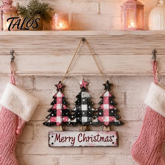Vintage Pine Tree Pendants Distressed Wooden Christmas Hanging Pendant with 3 Design, Retro Natural Solid Wood Xmas Accents Merry Ornament for Holiday