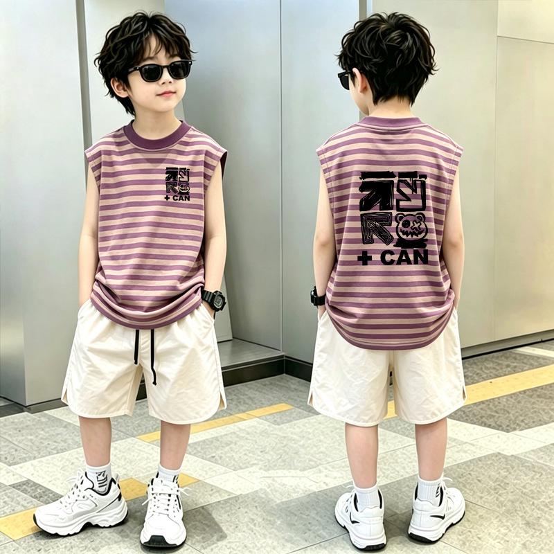 Boys' Summer Patchwork Striped Vest Set (Sleeveless, Ages 6-12)