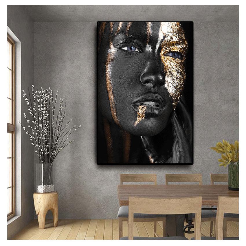 HD Oil Painting On Canvas Posters And Prints Scandinavian Wall Art Pictures for Living Room African Black And Gold Woman