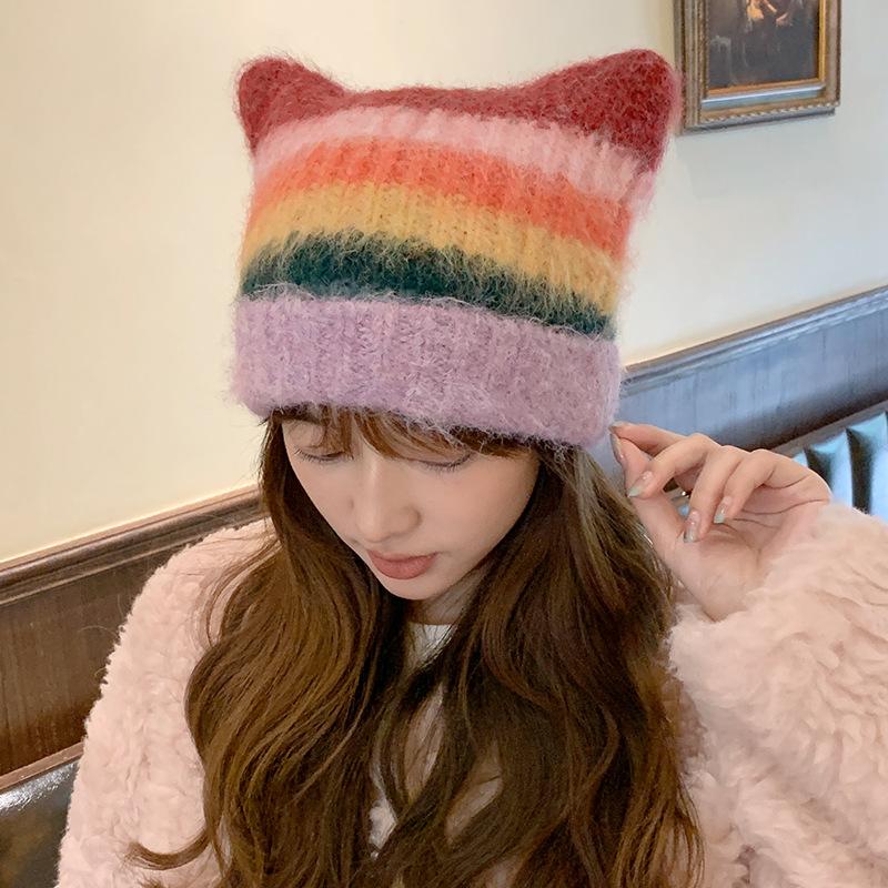 Retro contrasting color cat ears knitted hat female autumn and winter cartoon cute thickened warm ear protector wool cold hat