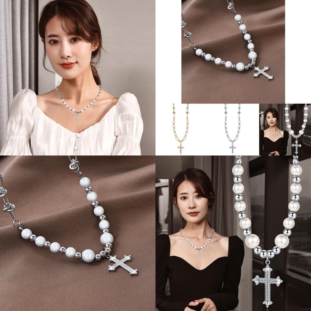 Luxurious Titanium Steel Cross Necklace For Men And Women With Handmade Design And Elegant Pearl Accents