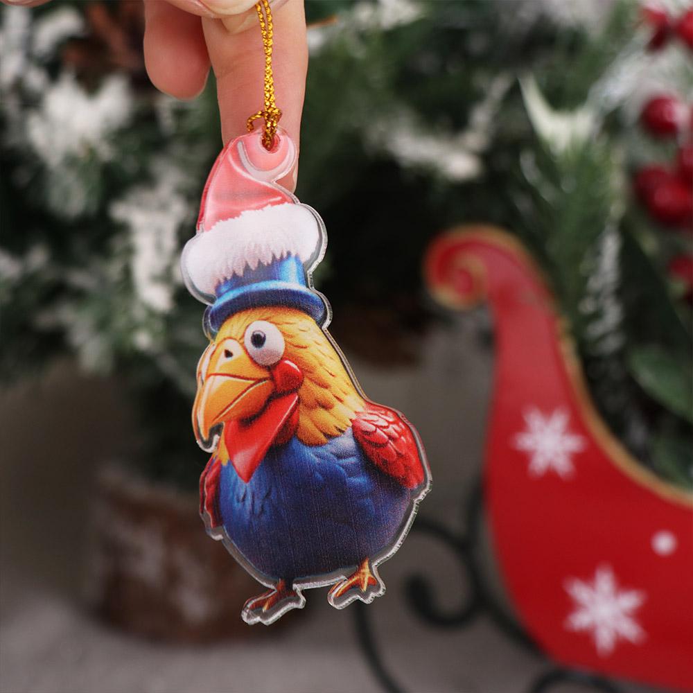 2D Christmas Rooster Ornament Cartoon Car Chicken Pendants Flat Rooster Pendant  Party Supplies