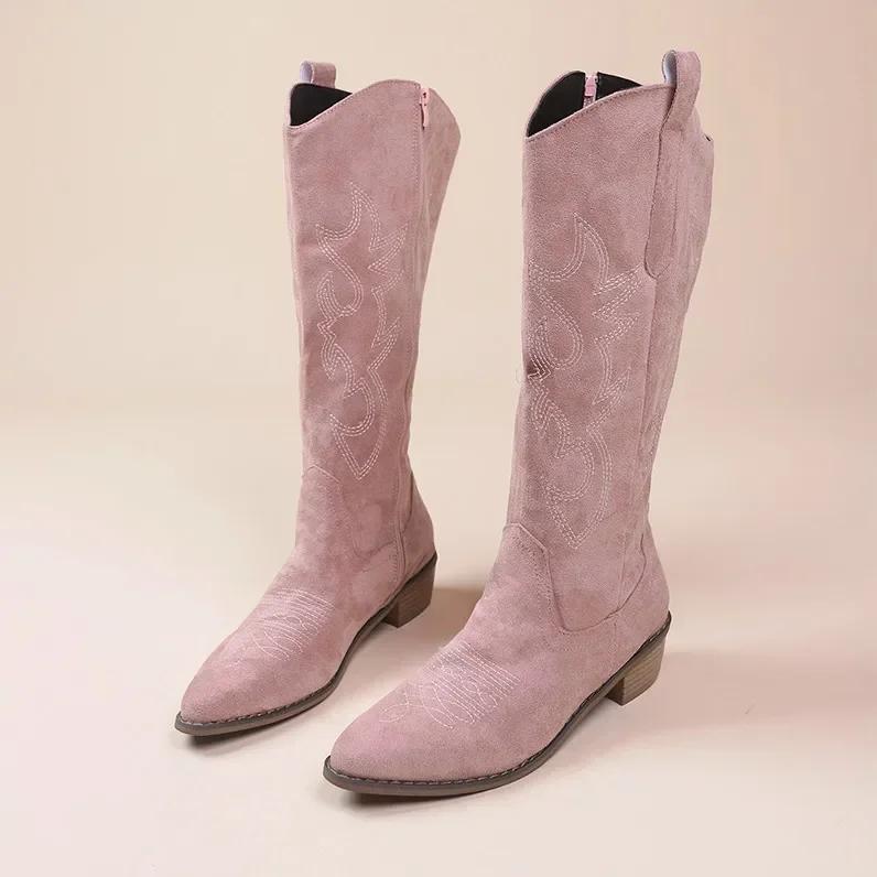 Modische bestickte Western-Cowboystiefel für Frauen, Herbst, spitze Zehenpartie, dicker Absatz, hohe Kniestiefel, Frau, lose PU-Leder, lange Botas Mujer