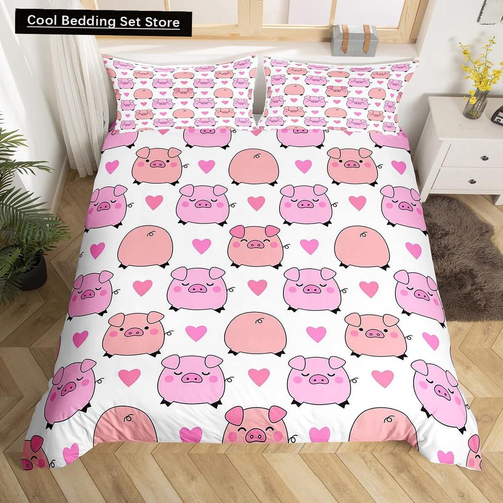 Cartoon Kawaii Pig King Queen Duvet Cover Happy Farm Animal Bedding Set Pink Piggy Quilt Cover 2/3pcs Polyester Comforter Cover