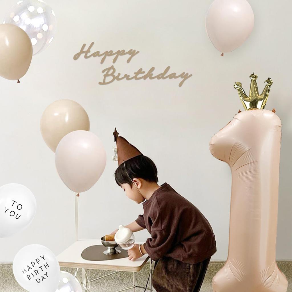 Iysoll 1-Year Birthday Decoration 40-Inch Number Balloon Muted Colors Balloon Garland Felt First Birthday Crown Number 1 Caramel
