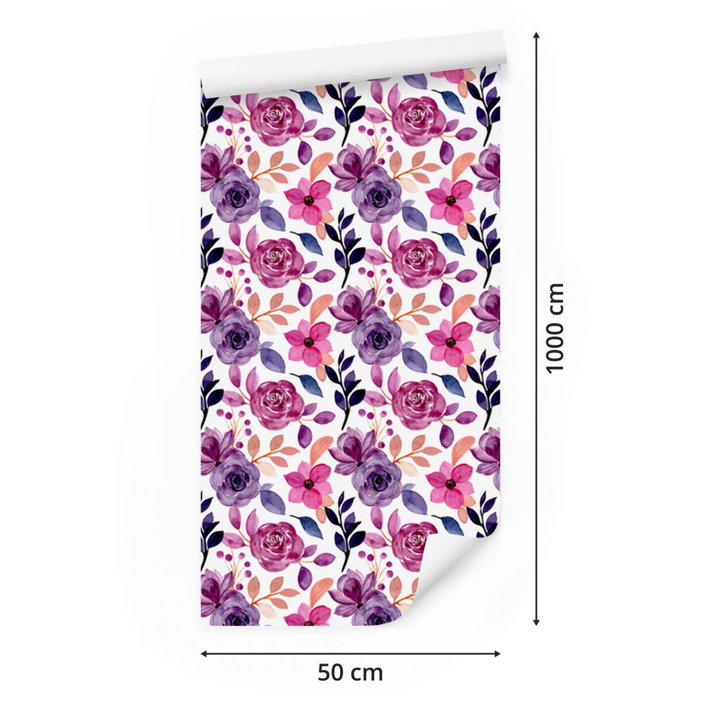 Wallpaper Flowers White and Purple for Living Room and Bedroom 50x1000