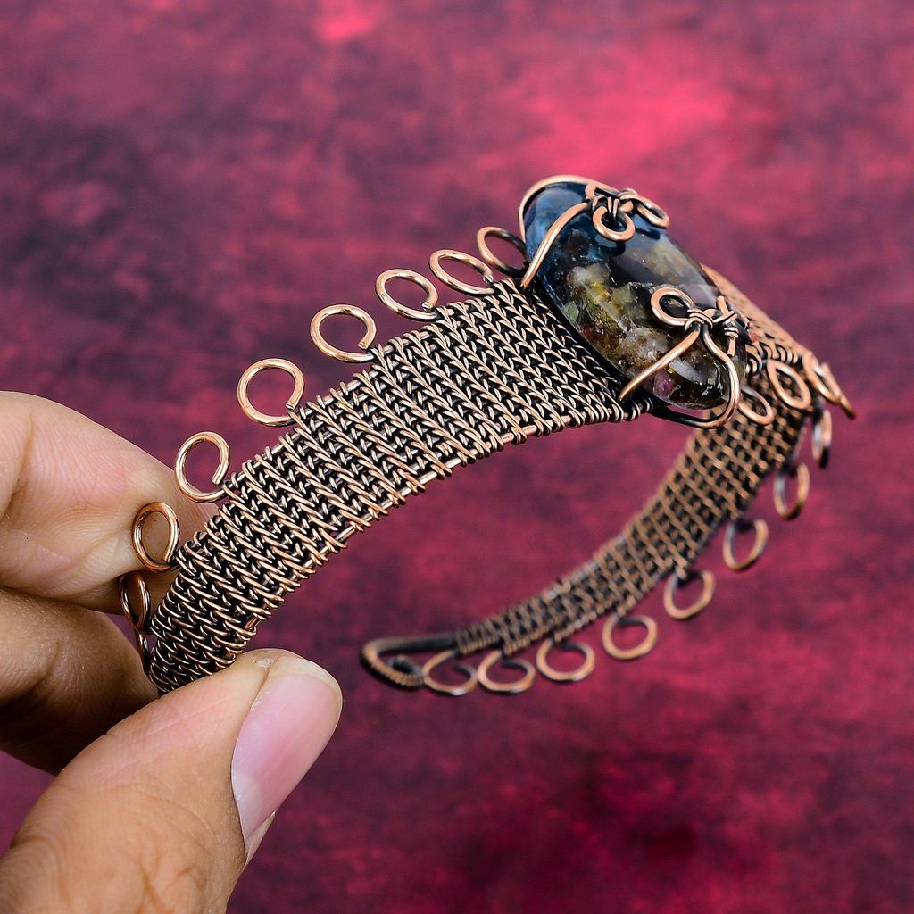 Copper Watermelon Tourmaline Bangle Copper Wire Wrapped Jewelry Adjustable Bangle