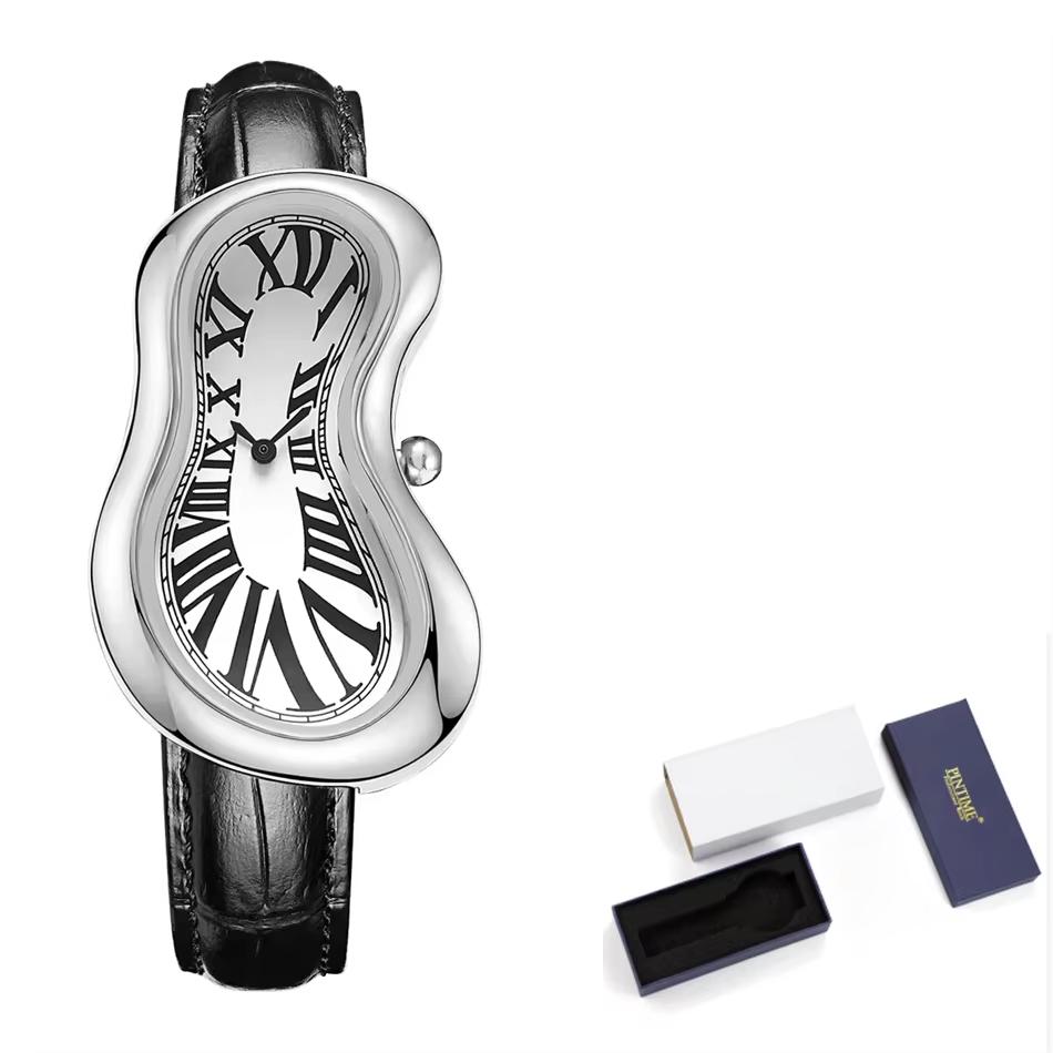 New Y2K Fashion Creative Men Women Soft Melting Silver Watch Luxury Streetstyle Irregular Shape Dial Unique Design Quartz Watch