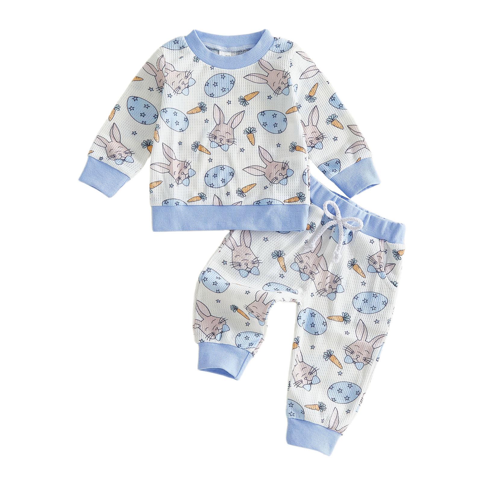 

Boys Easter 2Pcs Pants Outfits Long Sleeve O Neck Bunny Carrot Print Tops Drawstring Pants Sets 0-6M синий