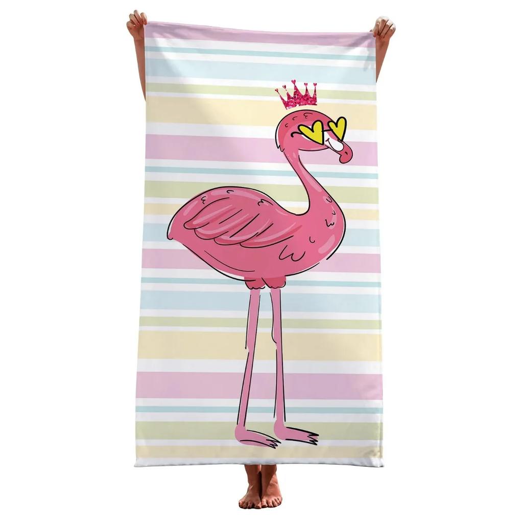 Classic Flamingo Striped Beach Towel, Quick Dry Soft Cotton, Pink Stripes with Flamingo Print for Summer Pool Use