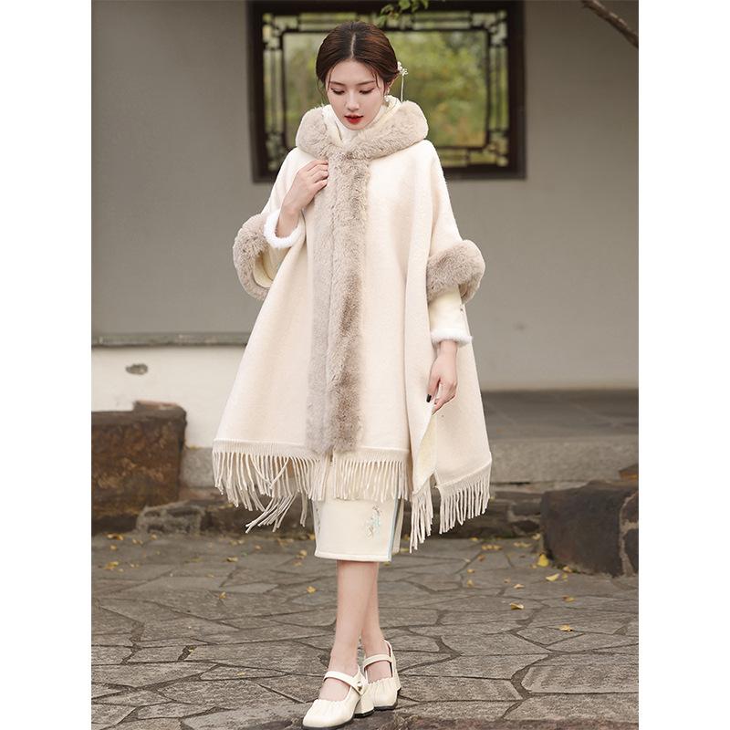 Winter woolen cloak shawl jacket 1011 new white plush thickened warm cheongsam with winter wear