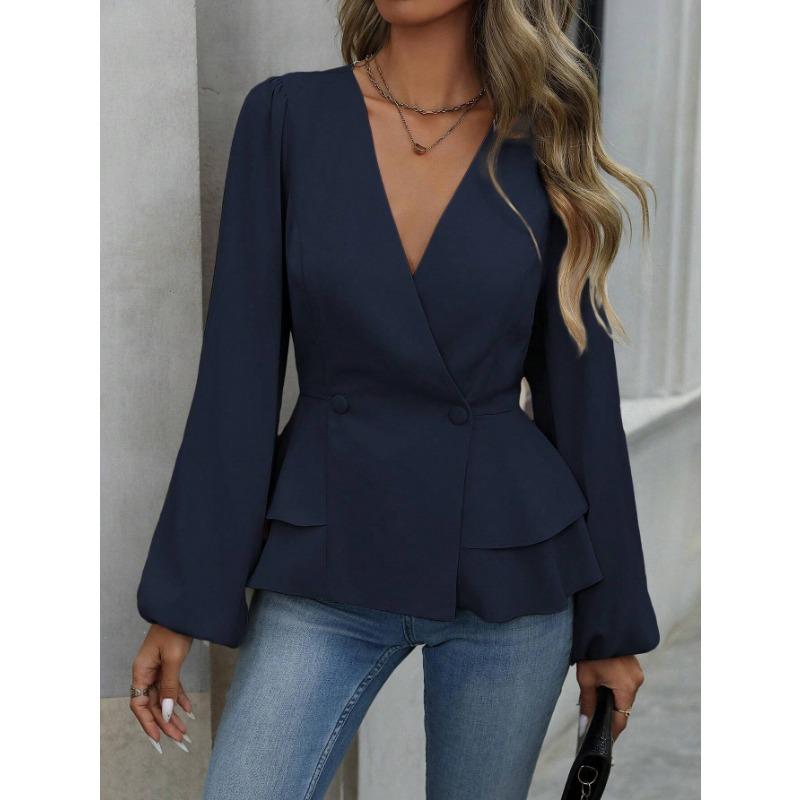 

DAFIFY Женские модные повседневные весенне-осенние однотонные блузки и рубашки с v-образным вырезом и длинным рукавом с принтом S тёмно-синий