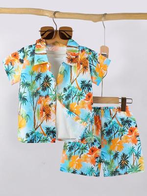 Boys' Coconut Tree Short Sleeve Set - Spring/Summer Casual Lapel Shirt