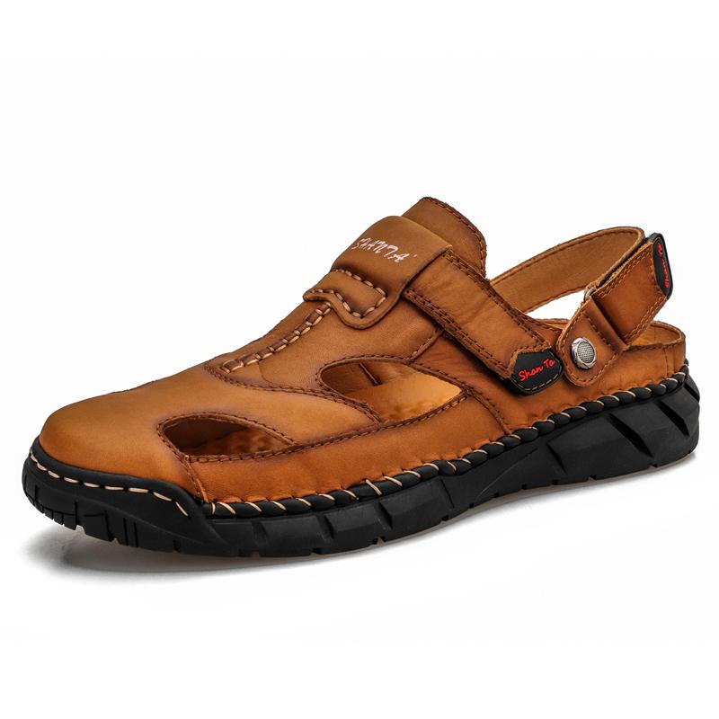 Hot Men Roman Sandals Genuine Leather Classics Black Sandals Non-Slip Rubber Sole Flat Beach Slides Slipper Man Plus Size38-48