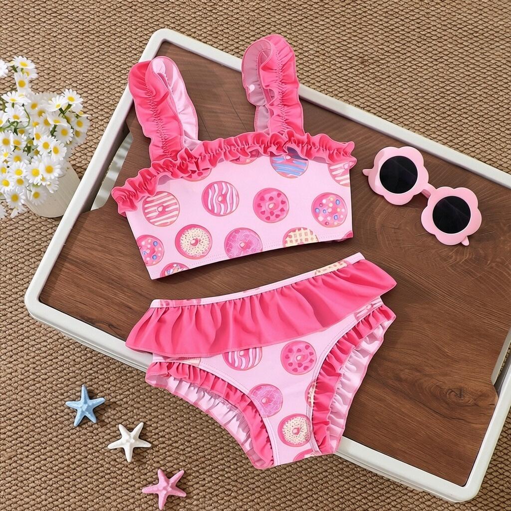 2Pcs Girls Bow Print Ruffle Bikini Set Kids Swimwear Swimsuit