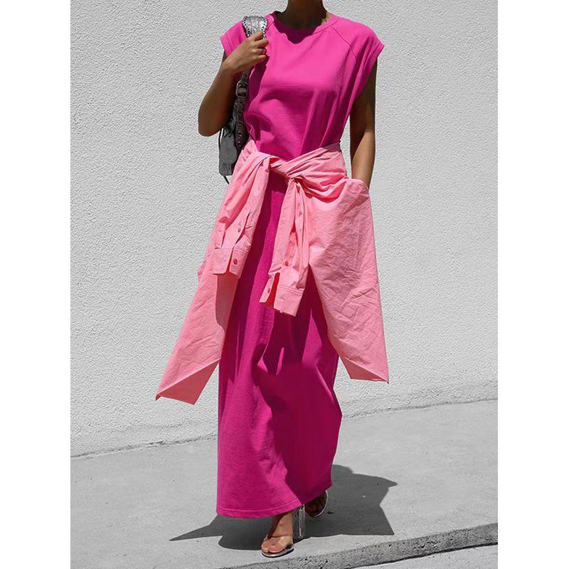 

Fashion Wind Casual Loose Pure Color Crew Neck Split Dress Loose round Neck Slit Dress Pink L