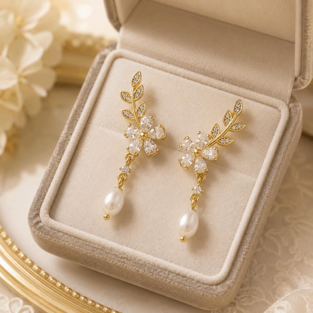 Evening Exquisite Flower Stud Earrings Crystal Luxury Pearl Dangle Earrings Leaves Jewelry Ornament Leaf Flower Earrings Bride