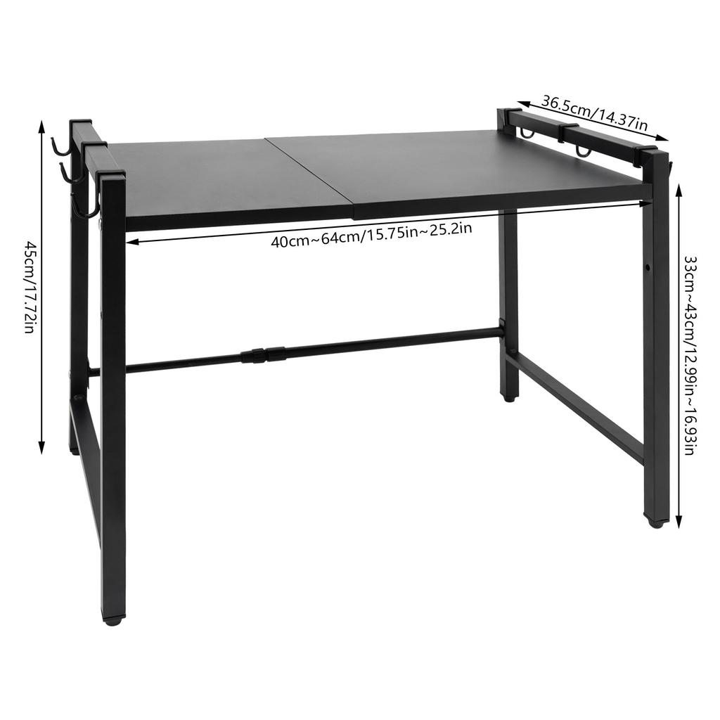 Bymaocar 2 Tiers Adjustable Microwave Stand Black Extendable Oven Shelf Wear-resistant Kitchen Countertop Organizer with Hooks