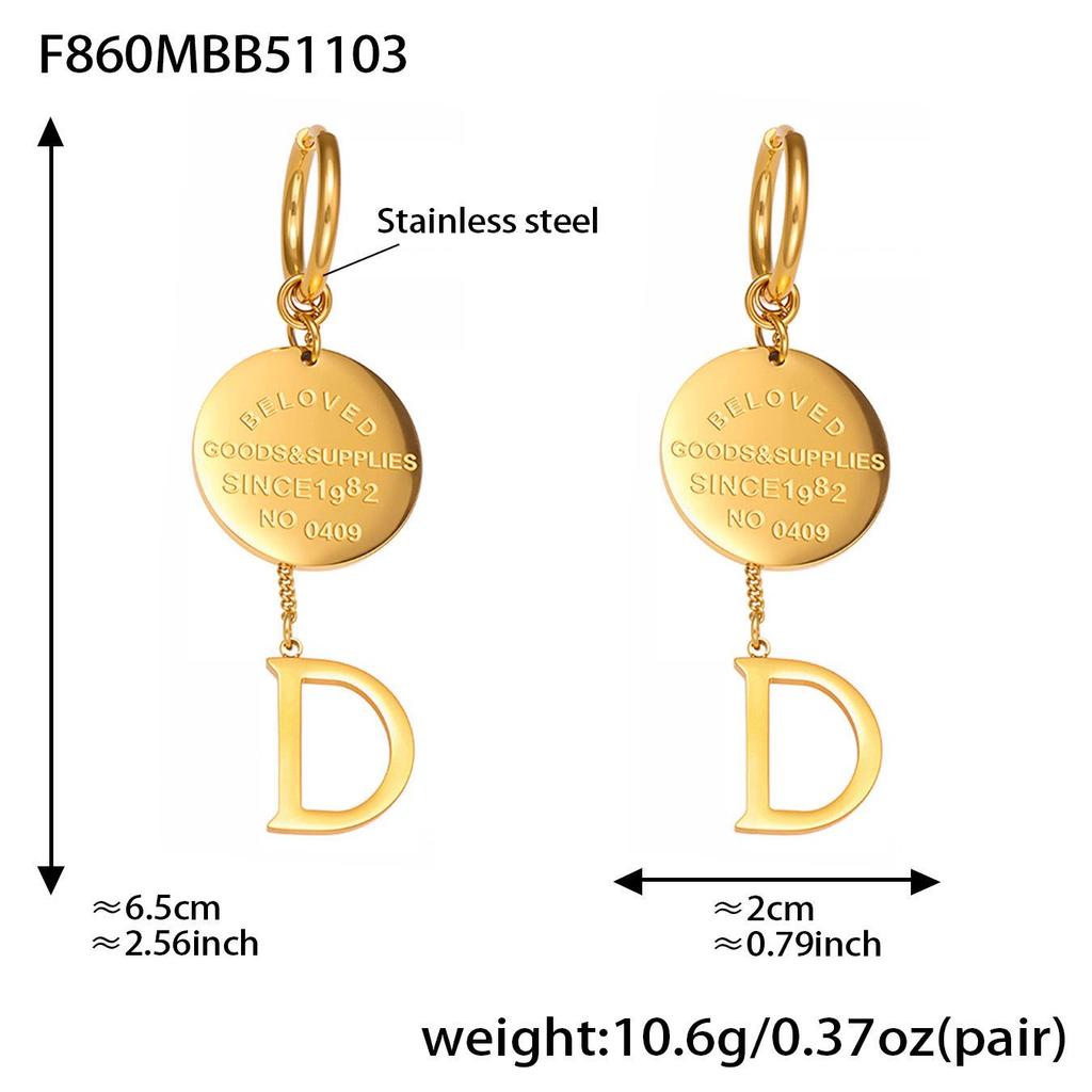 Qiong Yao Vintage Geometric Round Pendant Earrings with Beads, 18k Gold-Plated Luxurious D Letter Tassel Studs.
