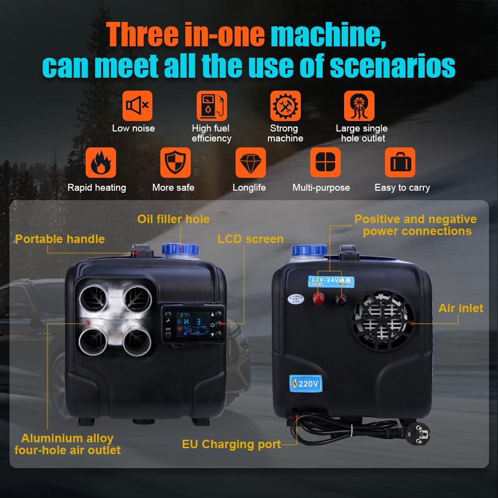2-8KW Car Heater 12V/ 24V/ 220V 3in1 Horizontal 1/4 Hole Air Diesel Heater For Bus Auto Boats Trucks Air Diesel Parking Heater