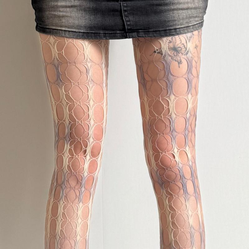 JK Y2K Fishnet Pantyhose Girls Sexy Hollow Out Summer Thigh High Stockings Women Fashion Design Tie-dyed Nylon Mesh Tights