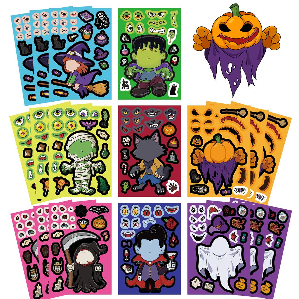32Sheets Halloween Make a Face Puzzle PVC Sticker Kids Party Favors Gift Toy DIY Pumpkin Ghost Assemble Jigsaw Educational Game