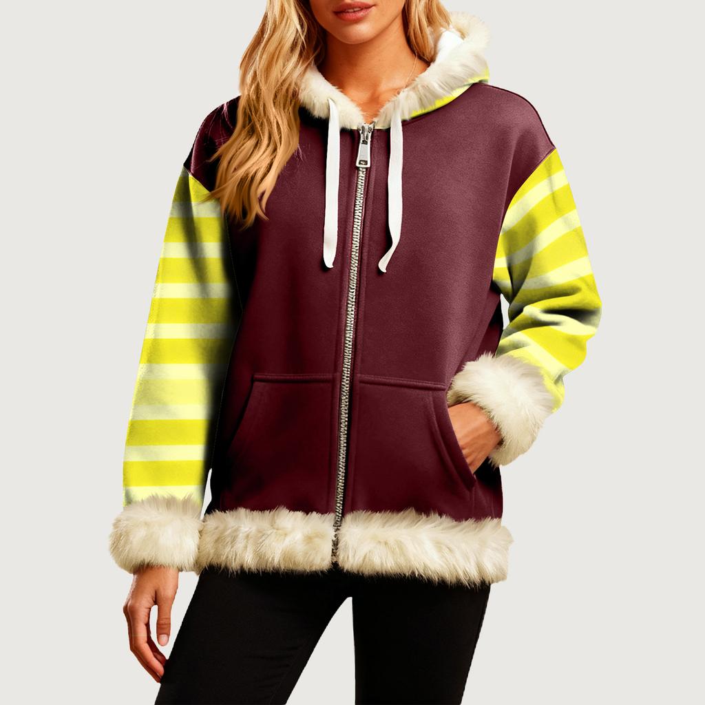Women's Comfortable Loose Fashion Casual Striped Print Long Sleeve Pockets Hooded Sweatshirt Jacket