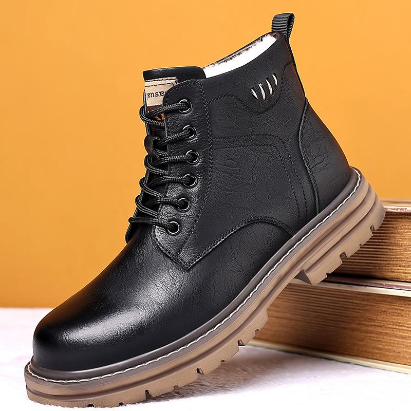 Fleece thermal cotton leather boots fur integrated men's boots winter explosion wool cotton boots casual outdoor retro Martin boots