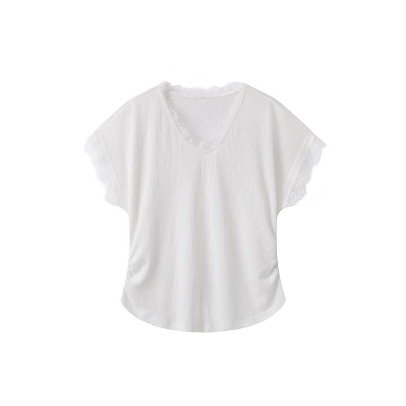 Summer Thin French Splicing Lace V-neck Small Flying Sleeve Short T-shirt Top