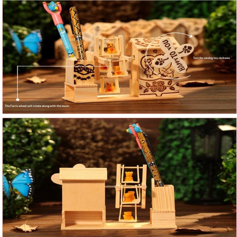 1Pc Music Box Windmill Cartoon Music Gift Student Wooden Crafts Bear Ferris Wheel Companion in Adversity Home Decor