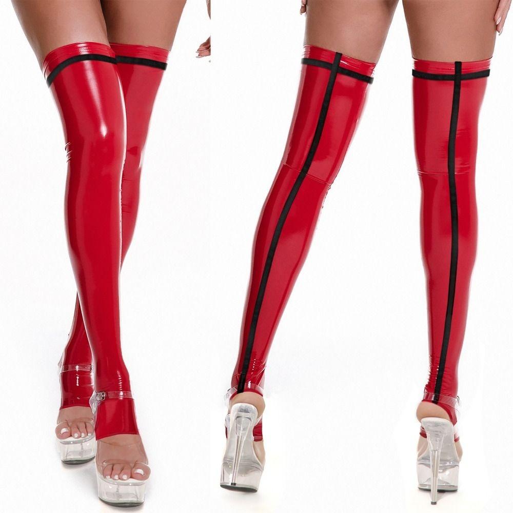 Gothic Faux Leather Stockings Shiny Smooth Long Socks New Open Toe Hosiery Stage Performance