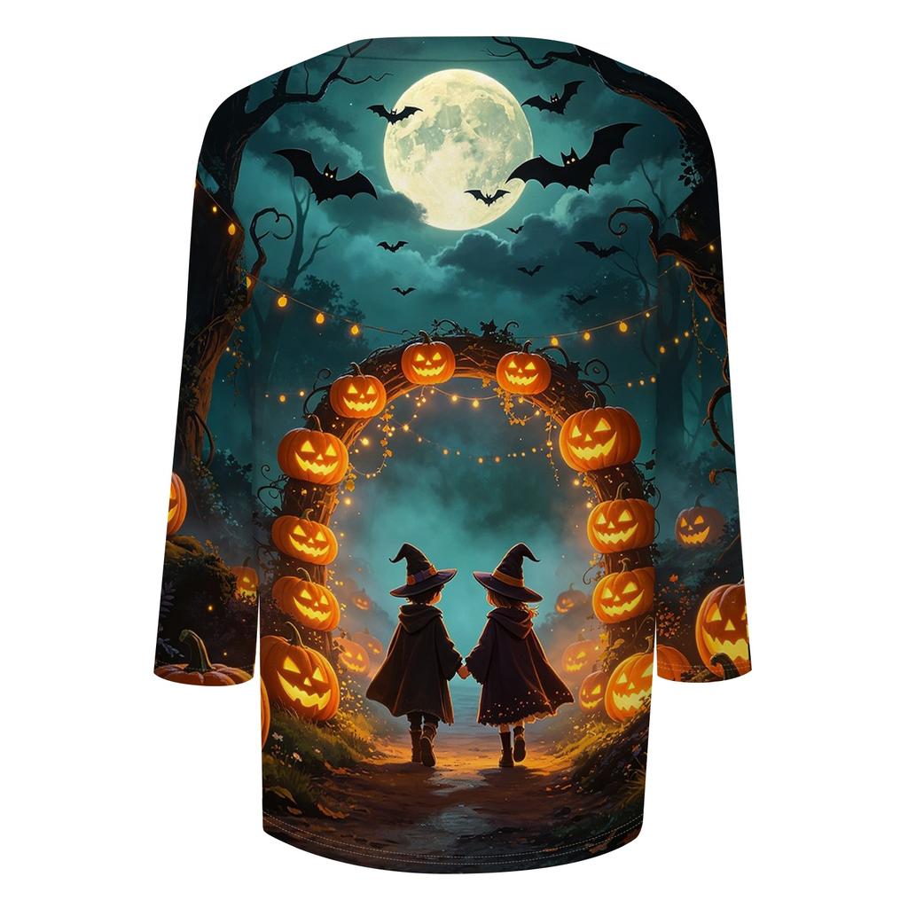Women’s Casual Three Quarter Sleeve Crew Neck Top Tie Dye Halloween Themed Print Relaxed Fit Soft Fabric for Daily Wear