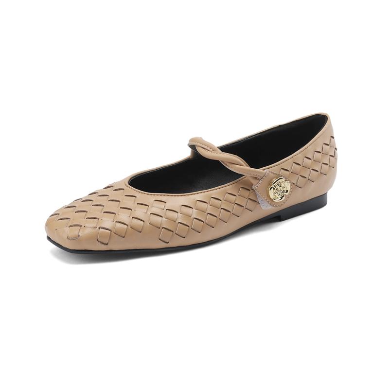 Fashion Women's New Spring and Autumn Square Head Genuine Leather Sheepskin Metal Buckle Low Heel Printed Mary Jane Single Shoes