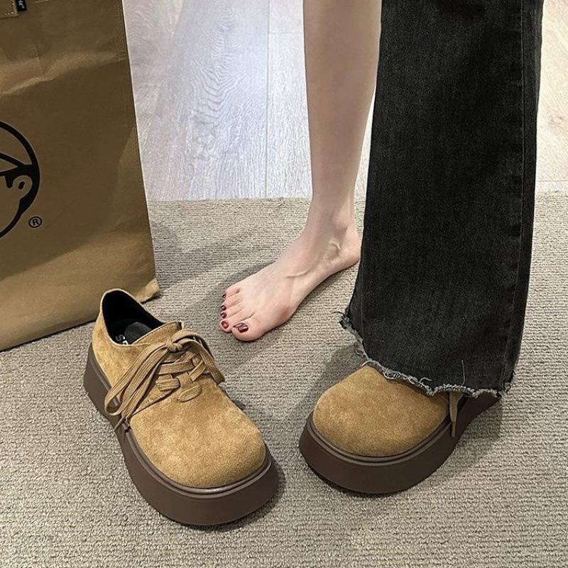 Retro Platform Shoes Women's New Spring and Autumn Small Man Height Increase Muffin Round Head Lace-up Single Shoes