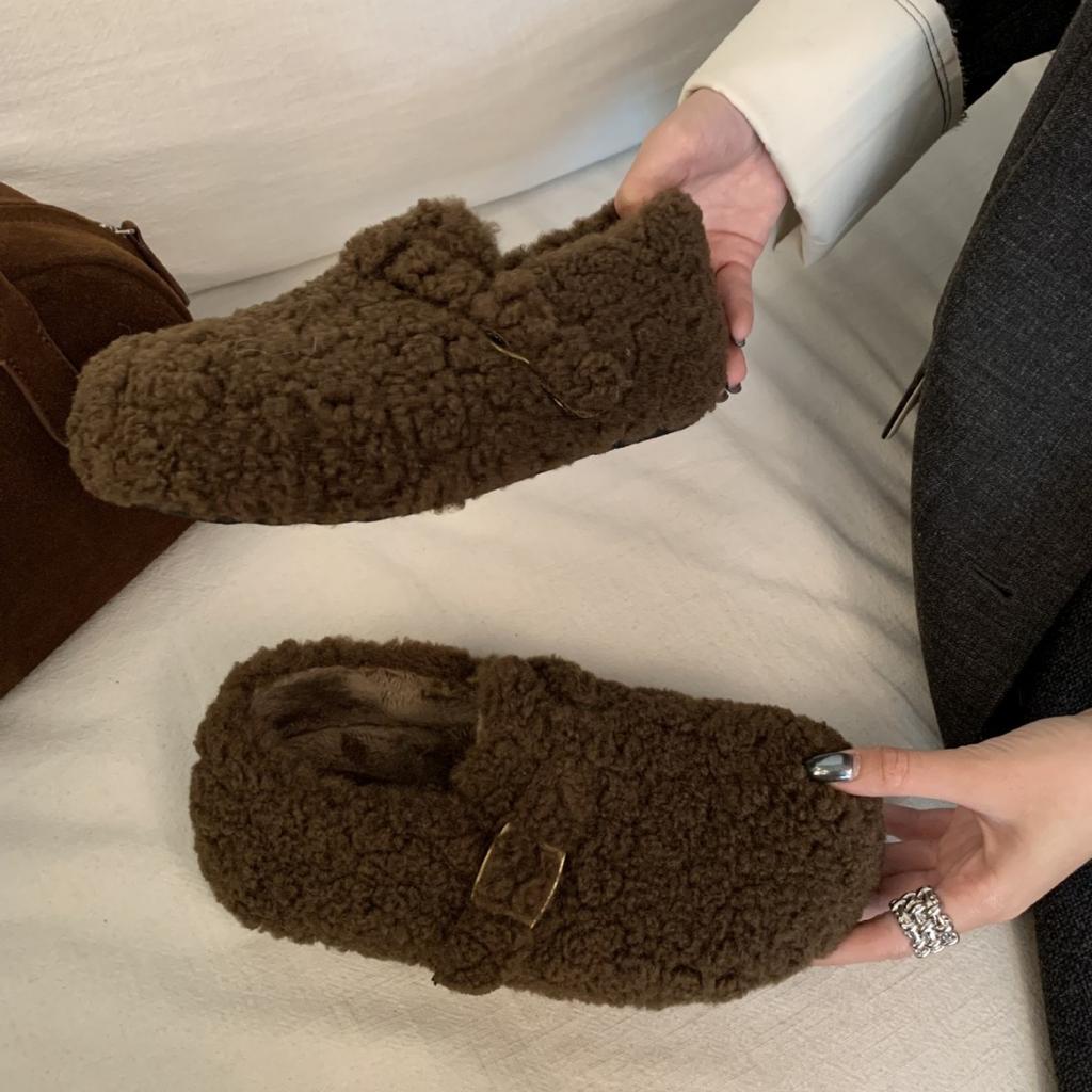 2025 New Korean Version of Round Head Boken Thick-soled Fluffy Plush Warm Outer Wear Snow Single Women's Shoes