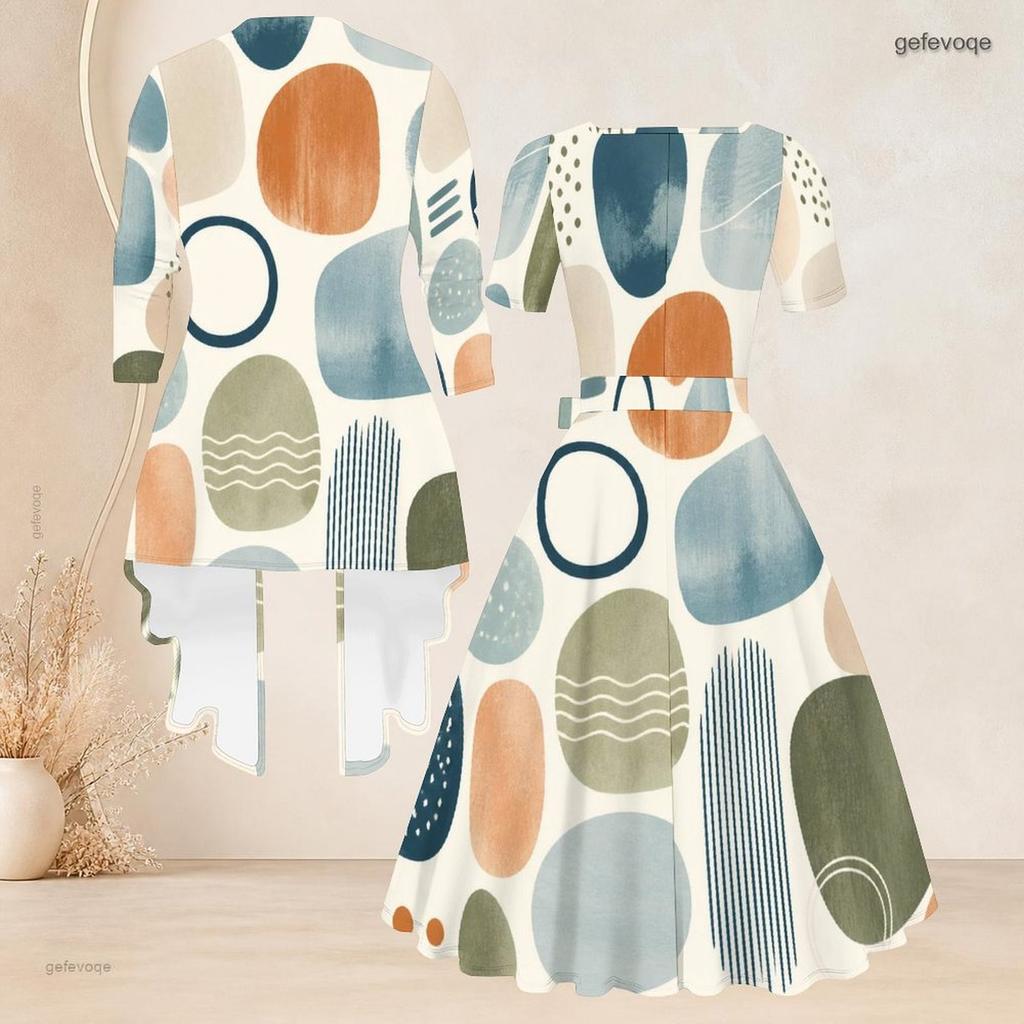 Women Plus Size Abstract Printed Two Piece Set Square Neck Short Sleeve Tie Waist Flared Dress And Long Sleeve Cardigan