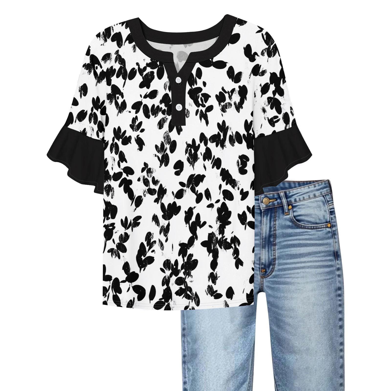 Women s Casual Fashion V-neck Ruffled Sleeves Loose Versatile Color Short Sleeves XXL чёрный